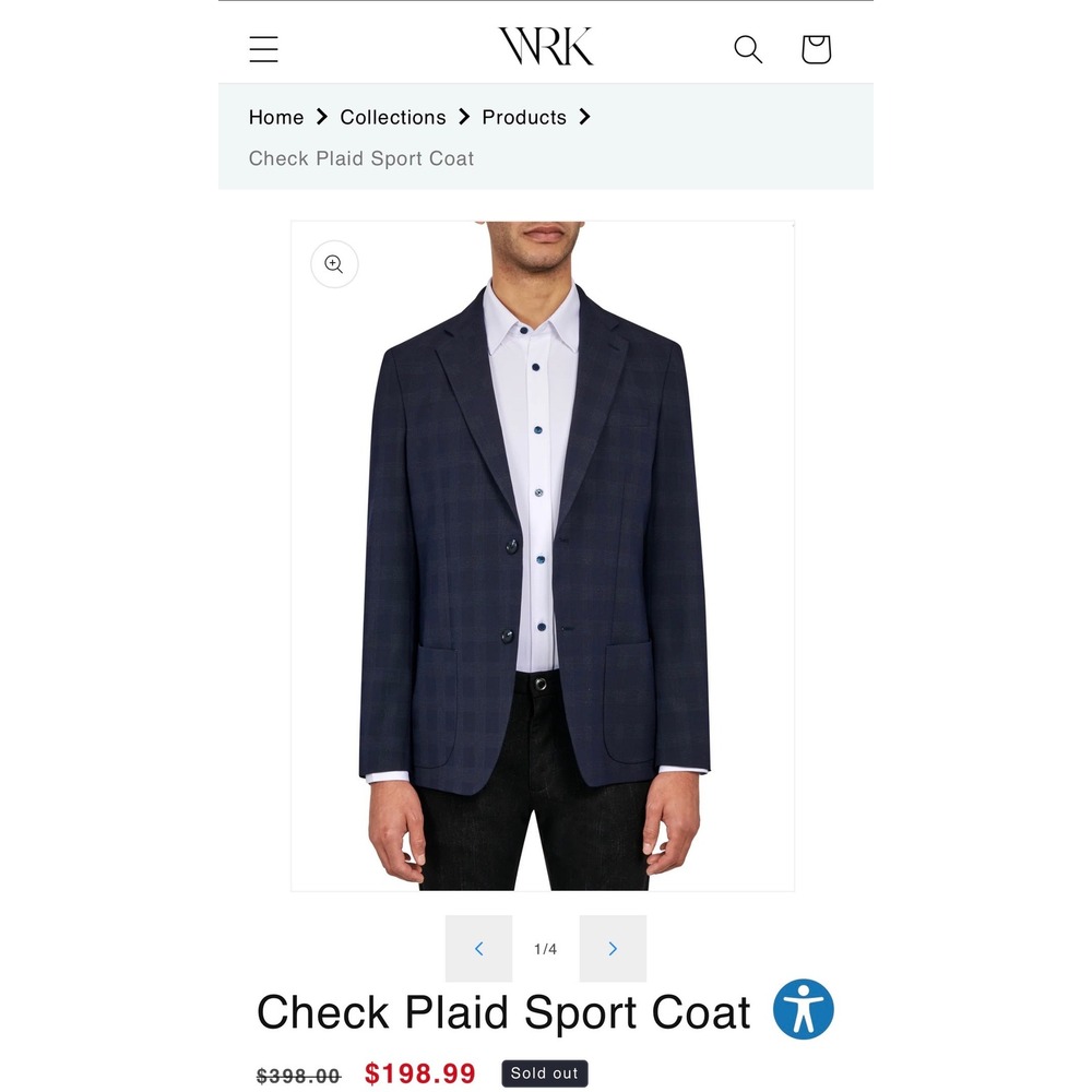 WRK Mens Check‎ Plaid Sport Coat 38 Navy Blue Two-Button Notch Lapel Business
